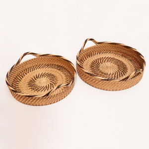 two sizes of round rattan and nito tray